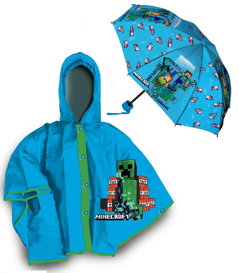 Set Pioggia Mantellina + Ombrello Pieghevole Minecraft 8/9 Anni Bambino - K04381mc+k04378mc