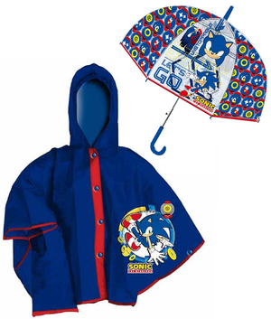 Set Pioggia Mantellina + Ombrello a Cupola Sonic 6/7 Anni Bambino - Sn4389mc+sn4388mc