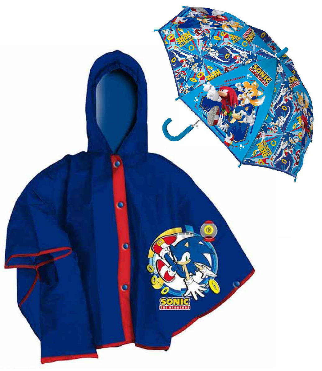 Set Pioggia Mantellina + Ombrello Sonic 8/9 Anni Bambino - Sn4389mc+sn4387mc