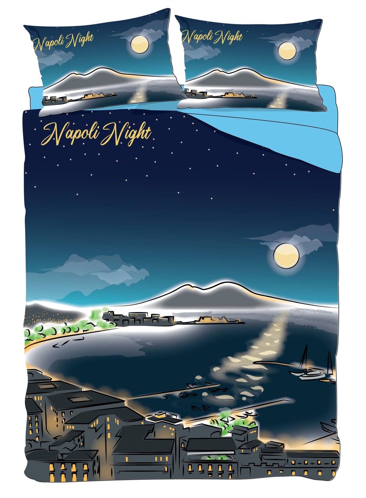 Completo Lenzuola Matrimoniali Golfo di Napoli di Notte Set Lenzuola Federe 100% Cotone - Nap-0988