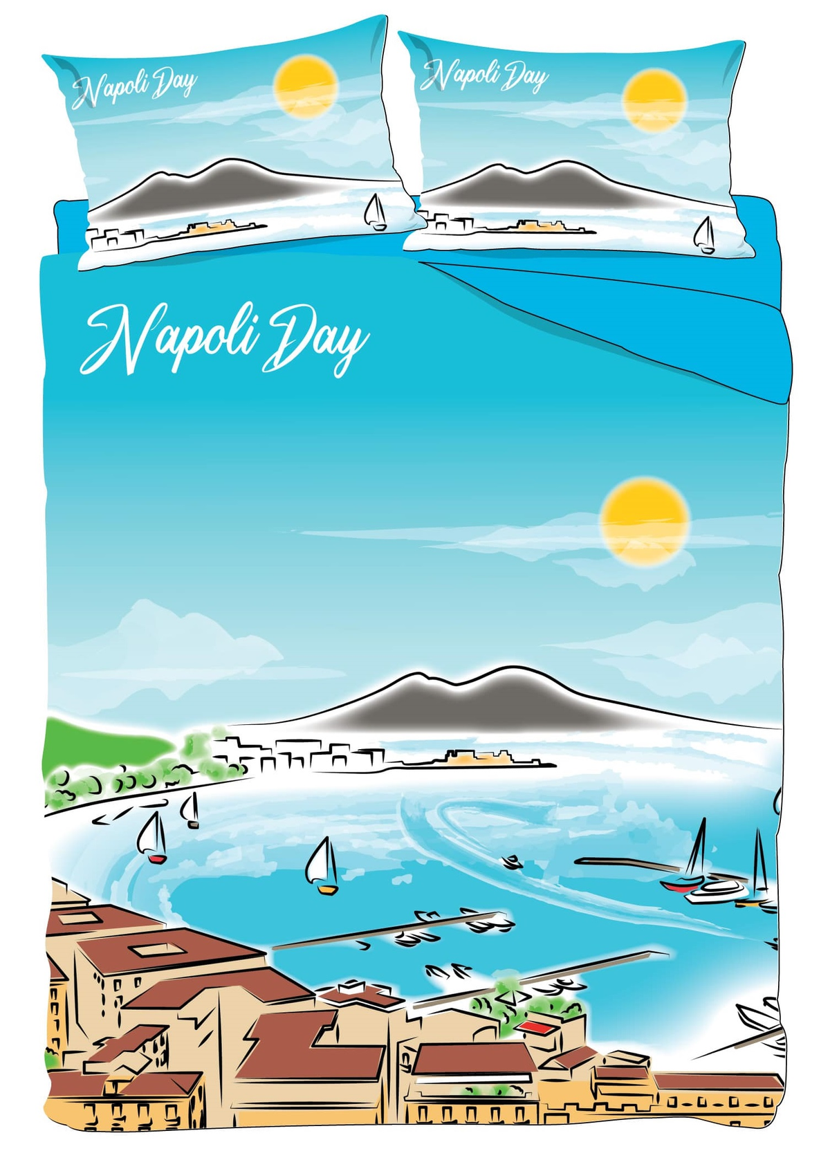 Completo Lenzuola Matrimoniali Golfo di Napoli di Giorno Set Lenzuola Federe 100% Cotone - Nap-1027