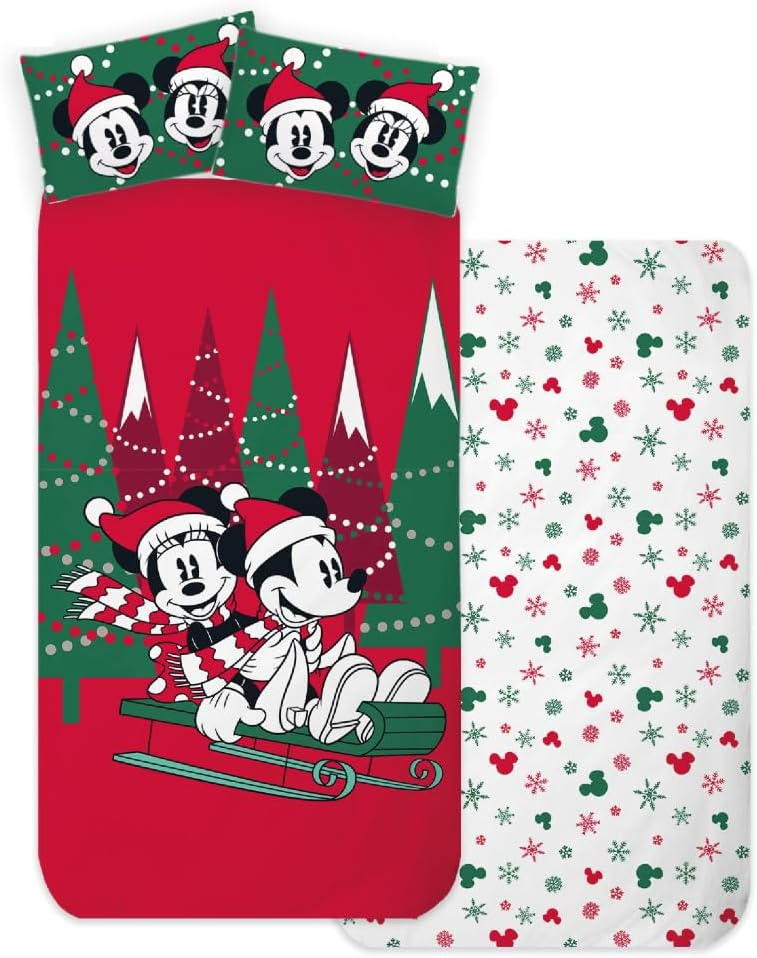 Completo Lenzuola Minnie e Topolino Natale DISNEY Sottolenzuola Lenzuola Federa Letto Singolo