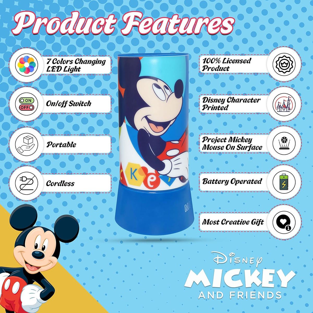 Lampada con Proiettore Topolino DISNEY Luce LED Multicolore Lampada a Batterie - Wd22145