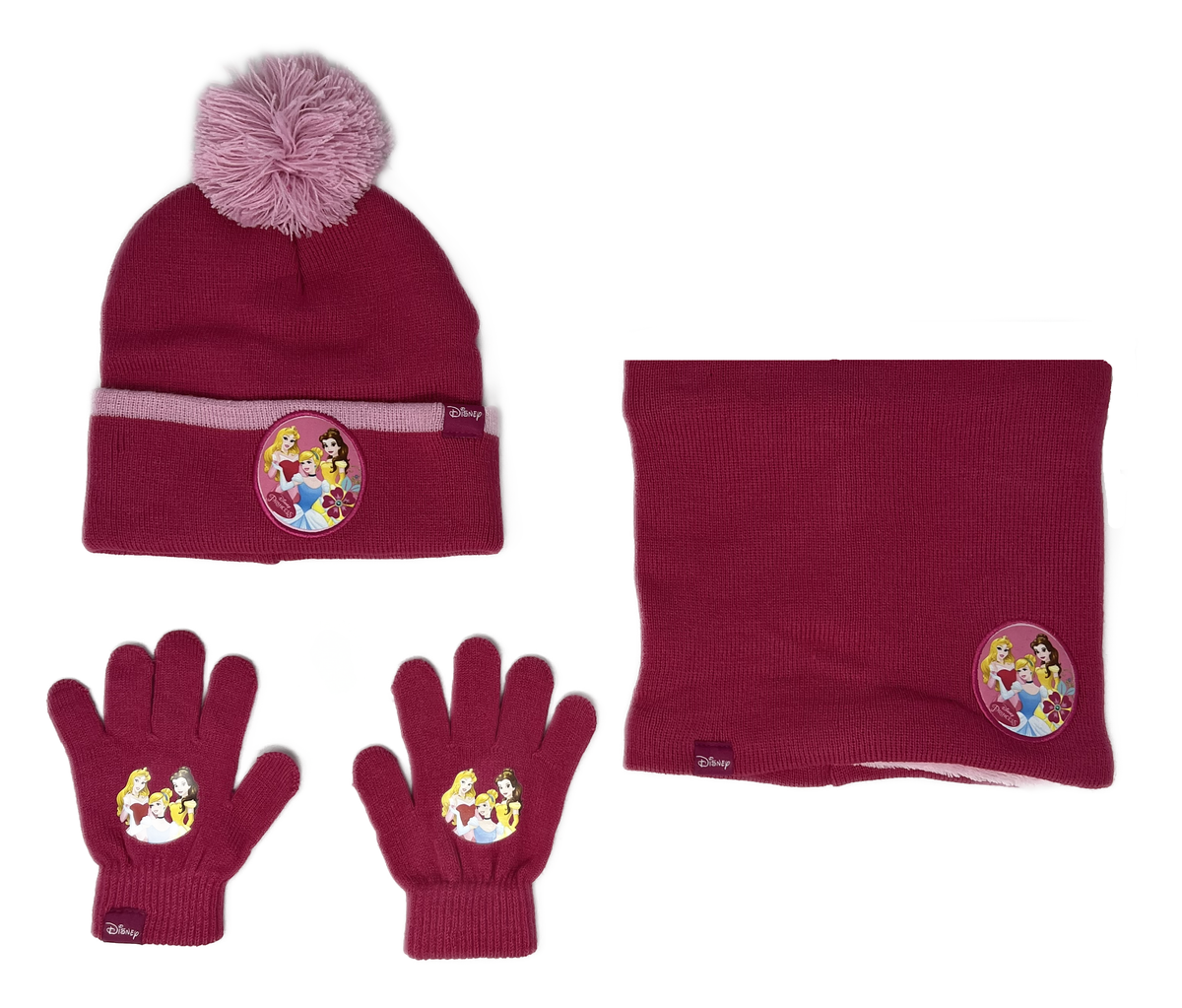 Cappello Invernale con Pon Pon Scaldacollo Guanti Principesse DISNEY 3 Pz Taglia Unica - Pri23-2474fuxia