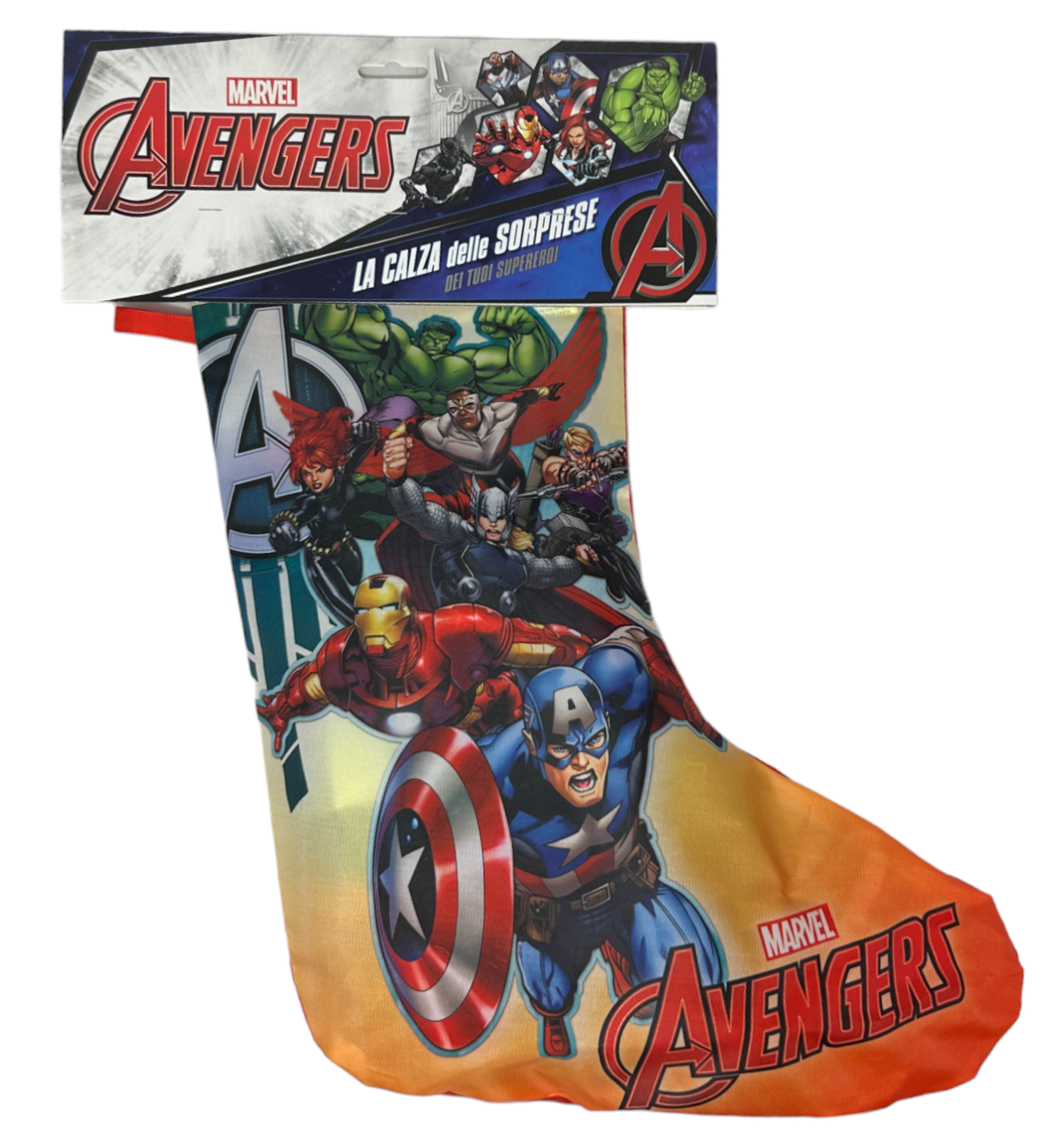 Calza Della Befana con Accessori Avengers MARVEL Calzettone con 4 Giochi per Bambini - Av1012