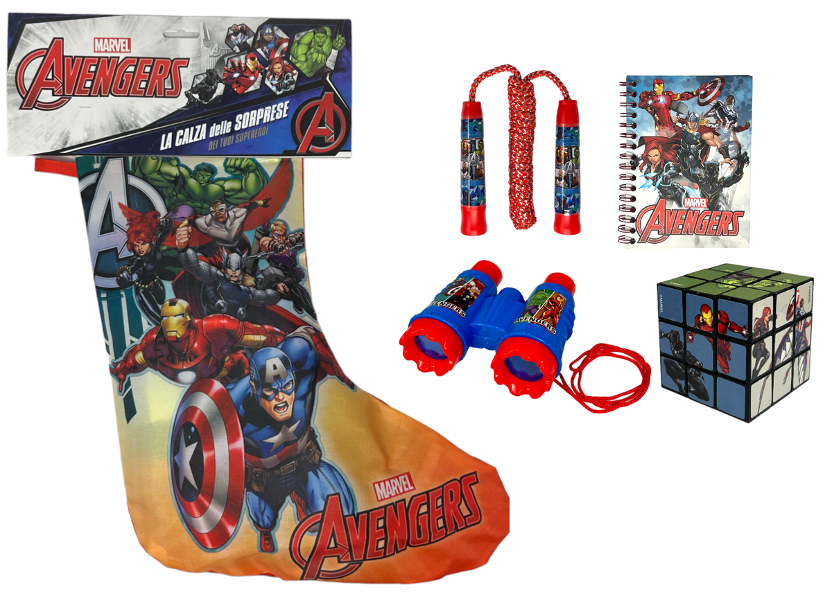 Calza Della Befana con Accessori Avengers MARVEL Calzettone con 4 Giochi per Bambini - Av1012