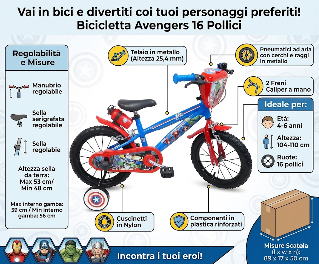 Bicicletta Avengers MARVEL 16" Età 4/6 Anni con Rotelle - 36588