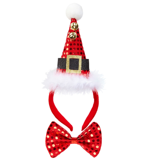 Cerchietto Mini Cappello e Papillon + Campanelline Accessorio Abito Vestito Travestimento Natale Carnevale