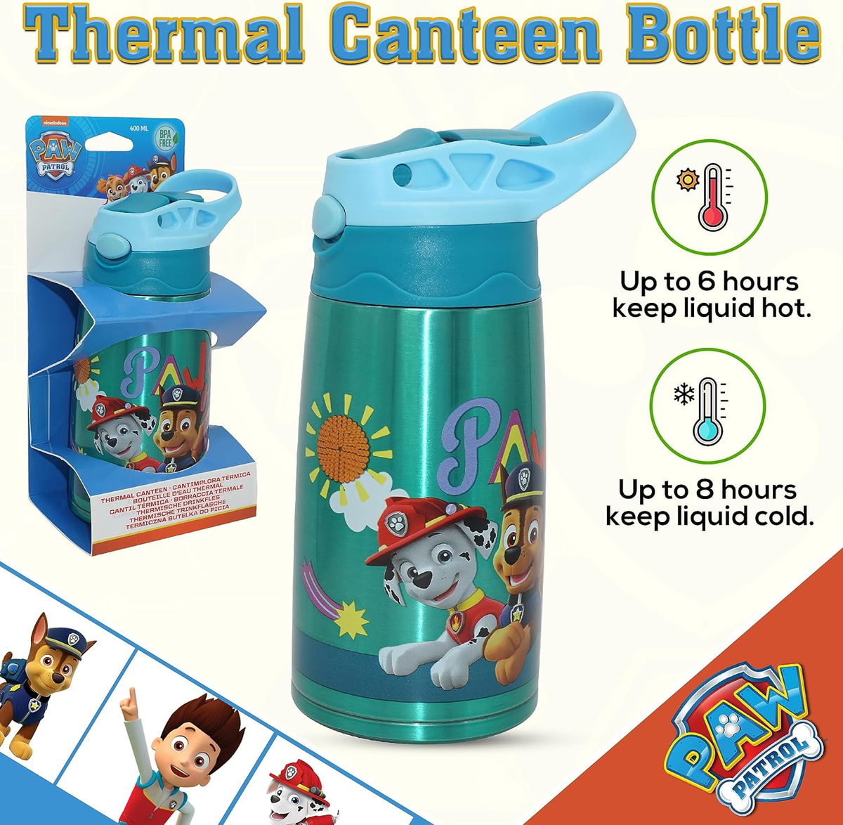 Borraccia Termica con Beccuccio Paw Patrol 450 Ml Apertura Automatica - Pw19860