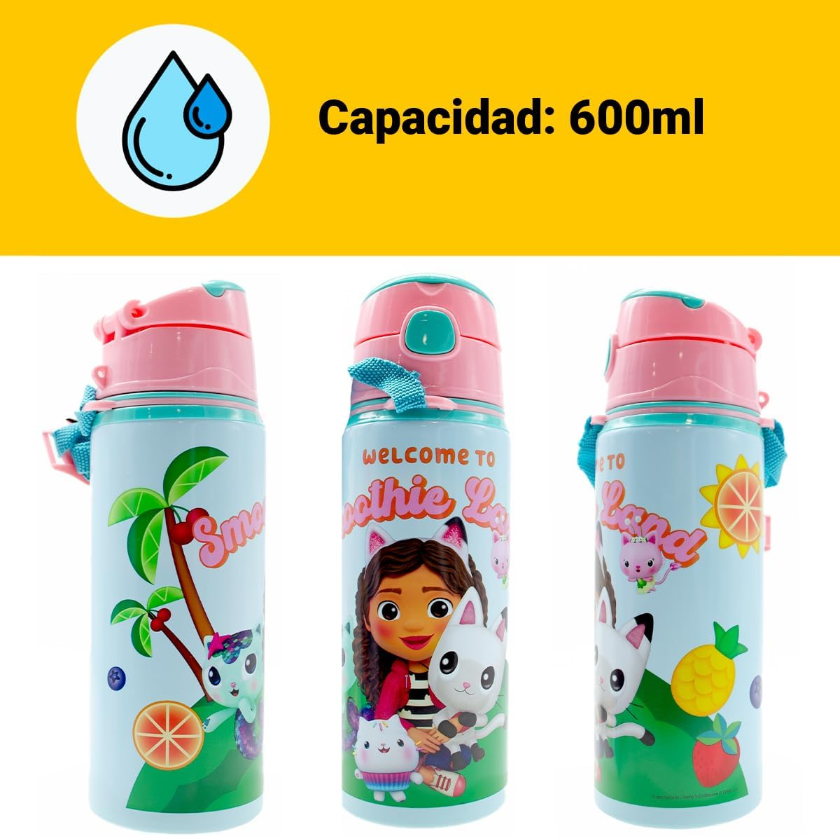 Borraccia in Alluminio con Cannuccia Gabby's Dollhouse 600 Ml Apertura Automatica - Gd00010