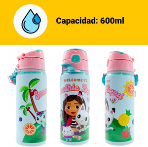 Borraccia in Alluminio con Cannuccia Gabby's Dollhouse 600 Ml Apertura Automatica - Gd00010