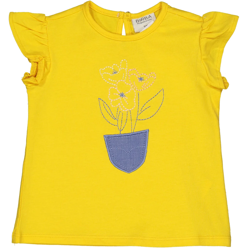 T-Shirt Vaso Fiori Ricamato Maglietta Bambina Birba 97% Co 3% Ea - 84049.00/g