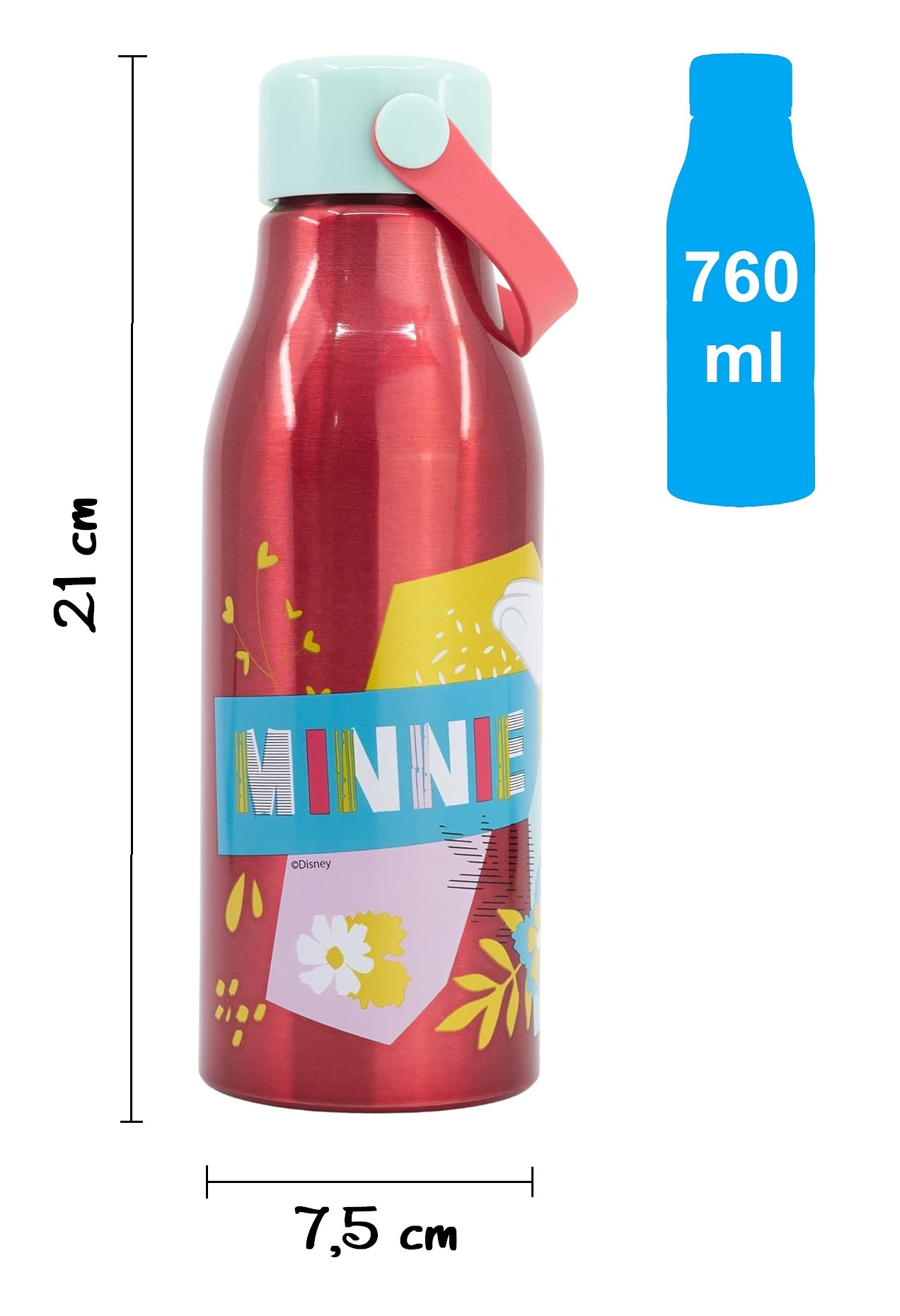 Borraccia in Alluminio Minnie DISNEY Tappo con Manico in Silicone 760 Ml - 74461