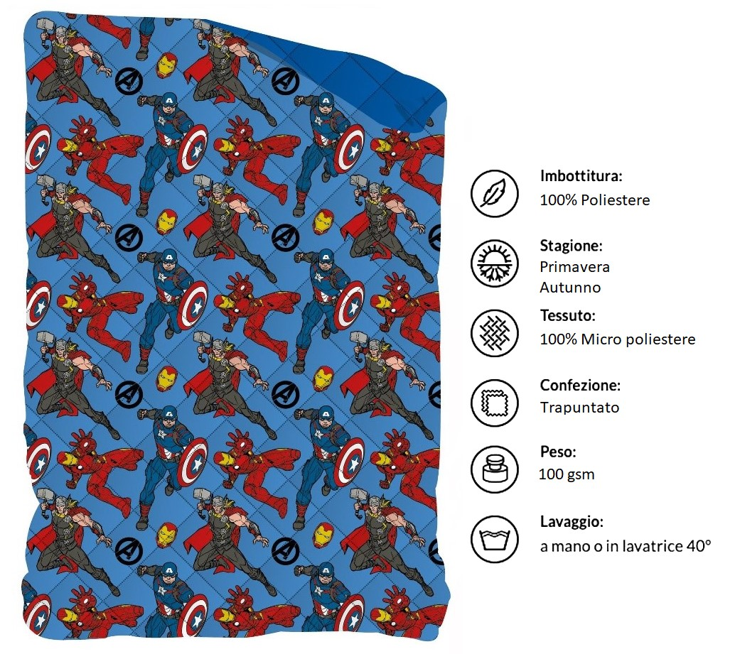 Trapuntino Avengers MARVEL Coperta Copriletto Trapuntato 100 Gsm Letto Singolo 170x250 CM - Ave-1366