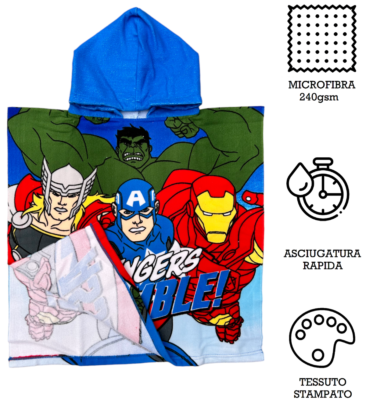 Poncho Mare Avengers MARVEL 110 X 55 CM Accappatoio per Bambini 100% Pl - Ex1981