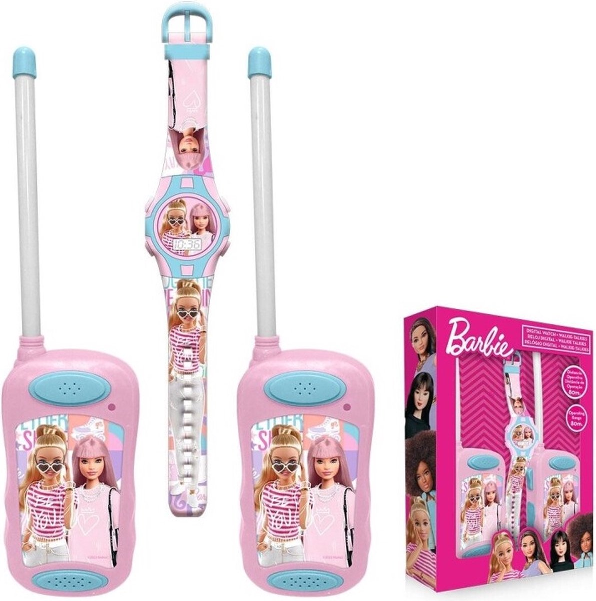 Set 2 Walkie Talkies con Orologio Digitale Barbie Gioco Radio Trasmittenti per Bambini in Scatola - B00020
