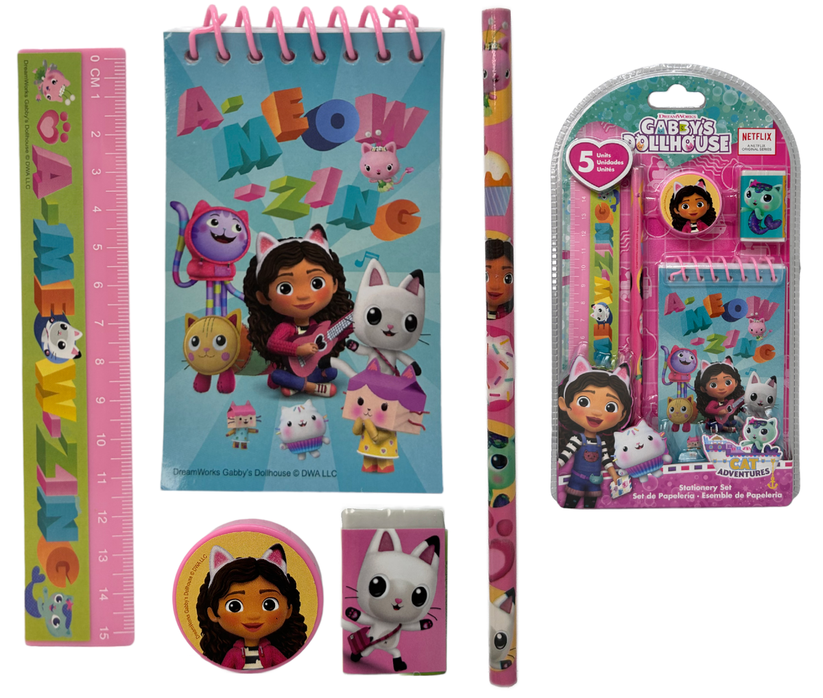 Set Cancelleria Gabby's Dollhouse 5 Pezzi Block Notes Matita Gomma Temperamatite e Righello - Gd00036