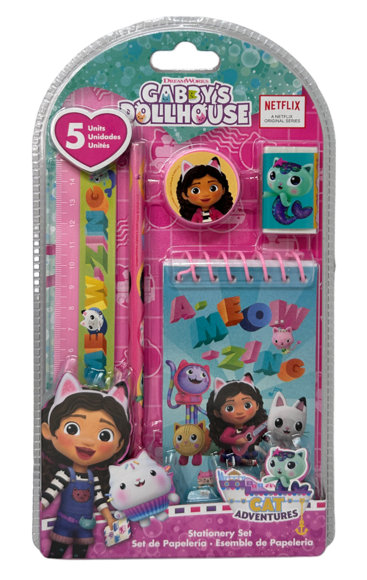 Set Cancelleria Gabby's Dollhouse 5 Pezzi Block Notes Matita Gomma Temperamatite e Righello - Gd00036