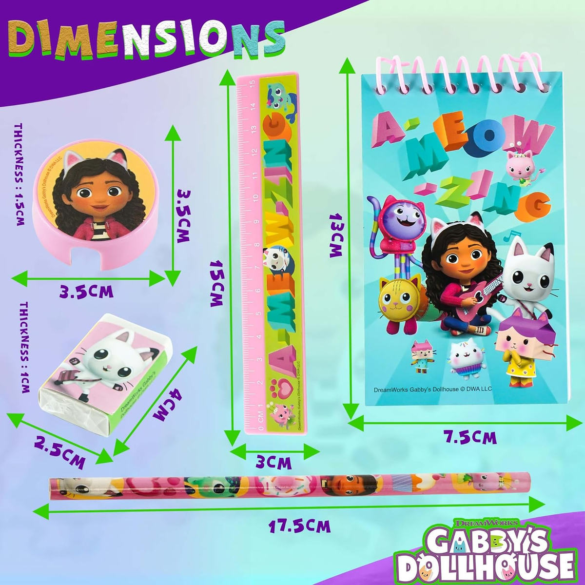 Set Cancelleria Gabby's Dollhouse 5 Pezzi Block Notes Matita Gomma Temperamatite e Righello - Gd00036