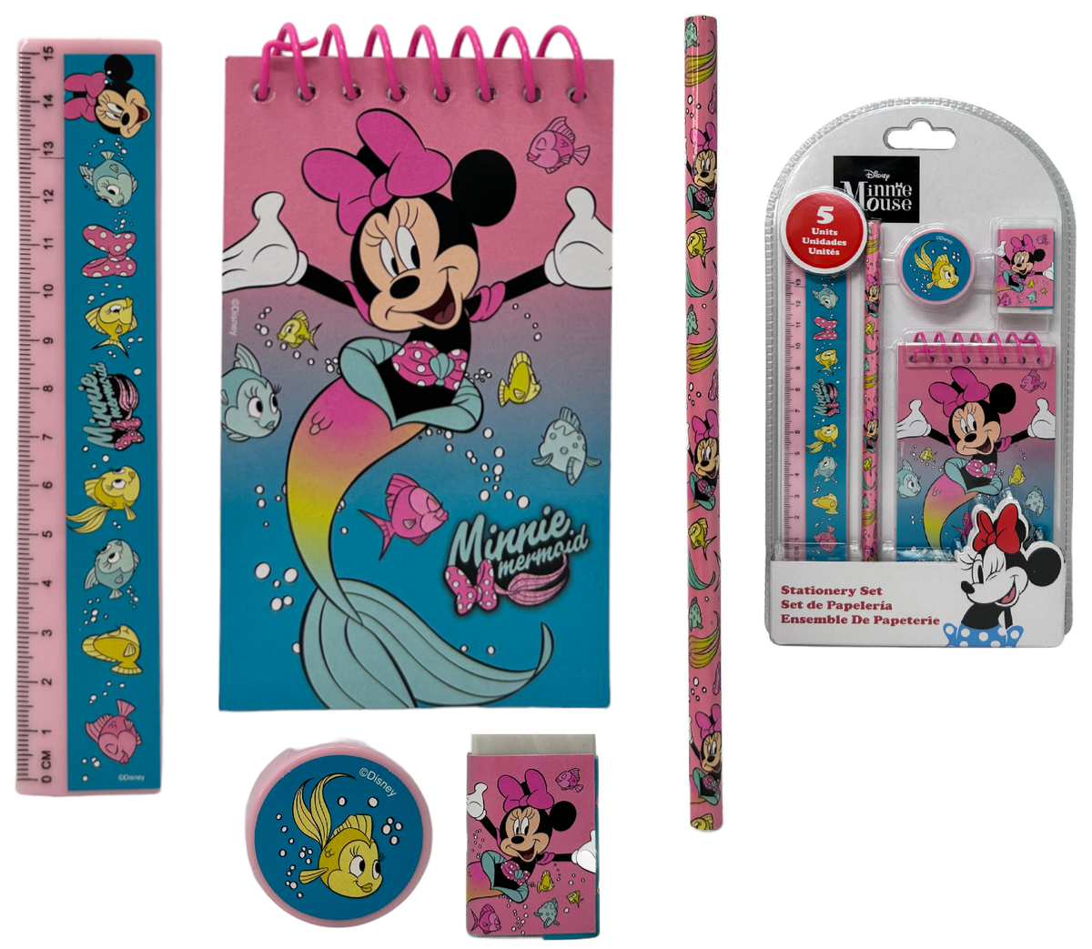Set Cancelleria Minnie DISNEY 5 Pezzi Block Notes Matita Gomma Temperamatite e Righello - Mn30023