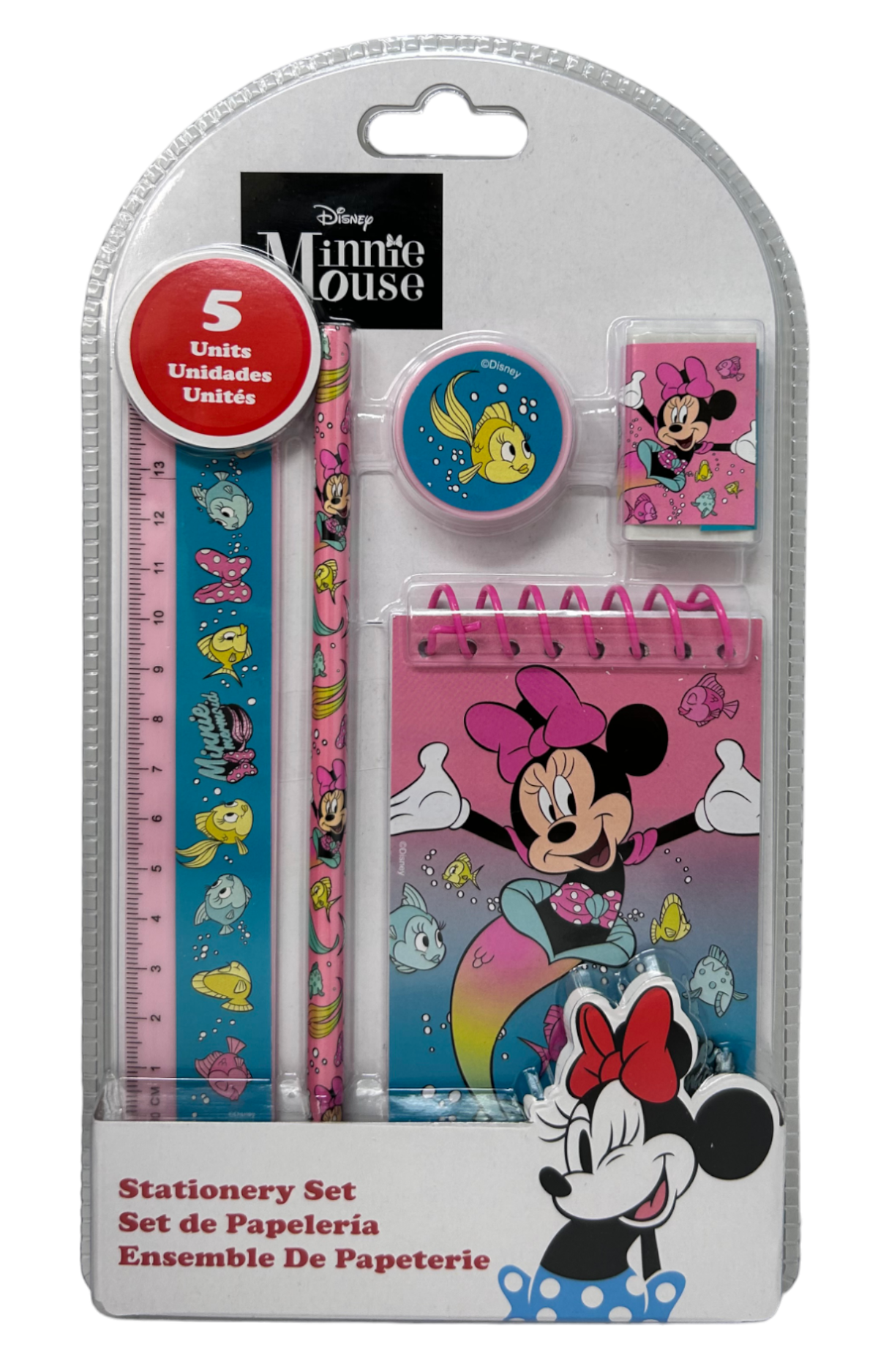 Set Cancelleria Minnie DISNEY 5 Pezzi Block Notes Matita Gomma Temperamatite e Righello - Mn30023