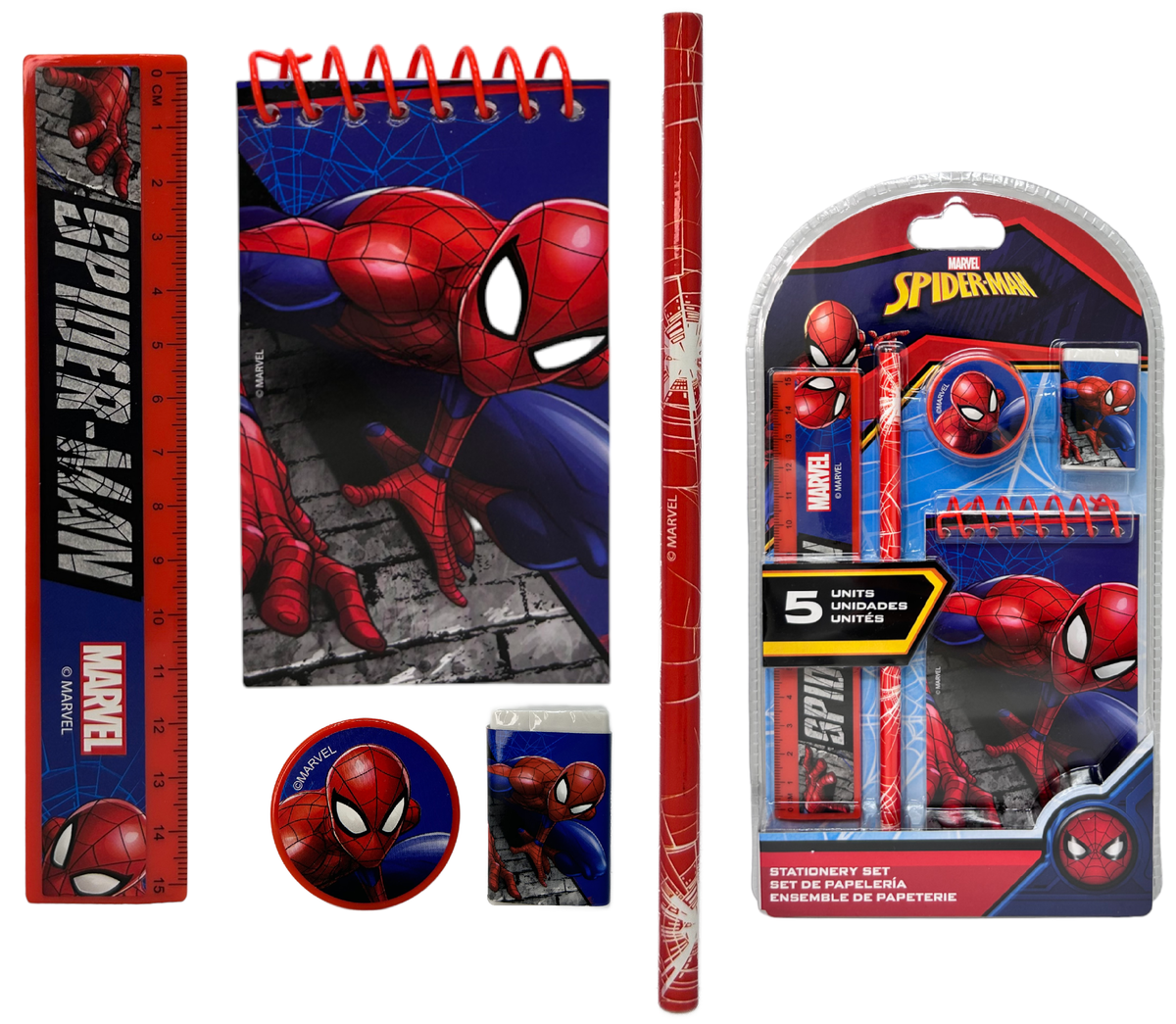 Set Cancelleria Spiderman MARVEL 5 Pezzi Block Notes Matita Gomma Temperamatite e Righello - Sp50017