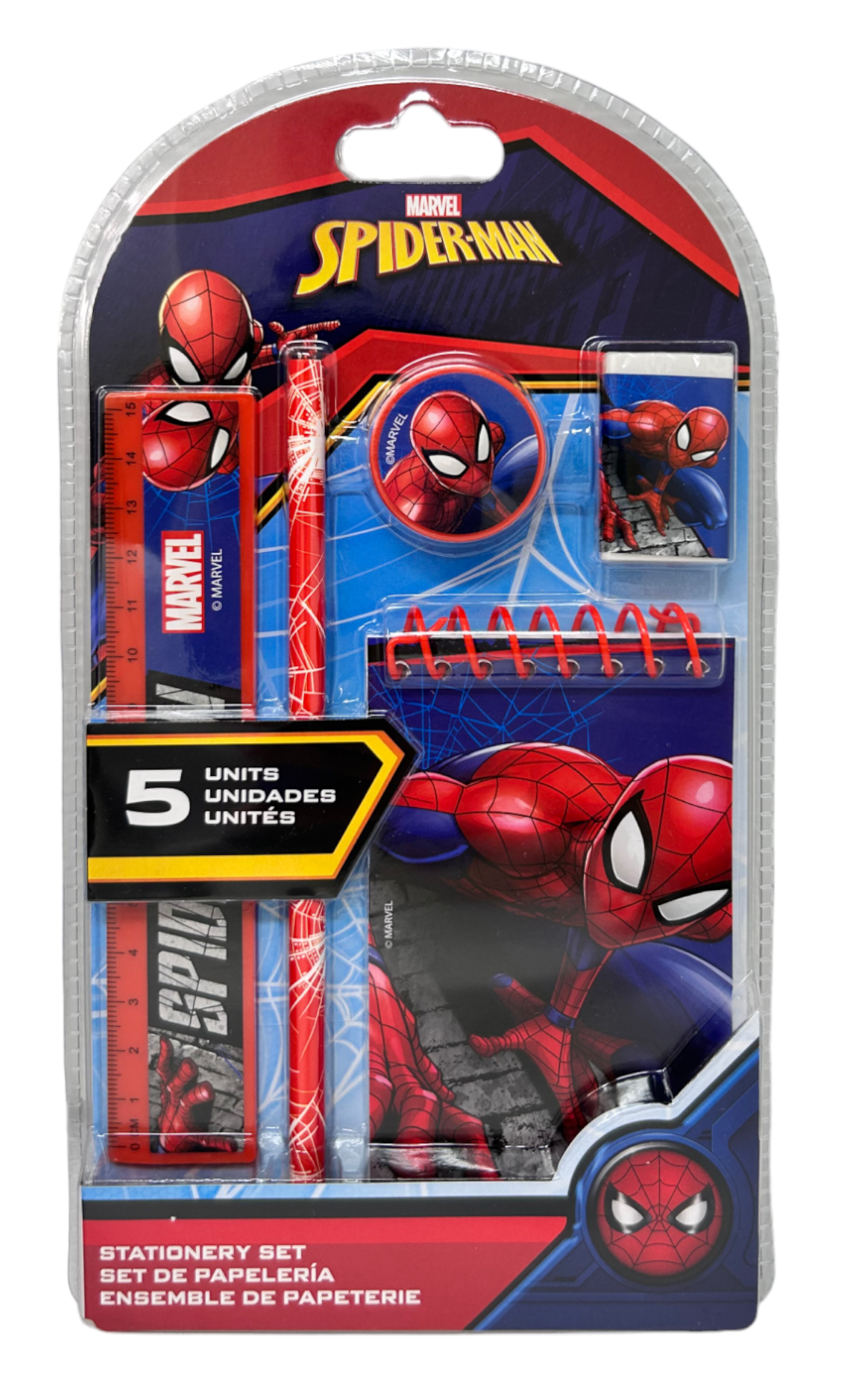 Set Cancelleria Spiderman MARVEL 5 Pezzi Block Notes Matita Gomma Temperamatite e Righello - Sp50017
