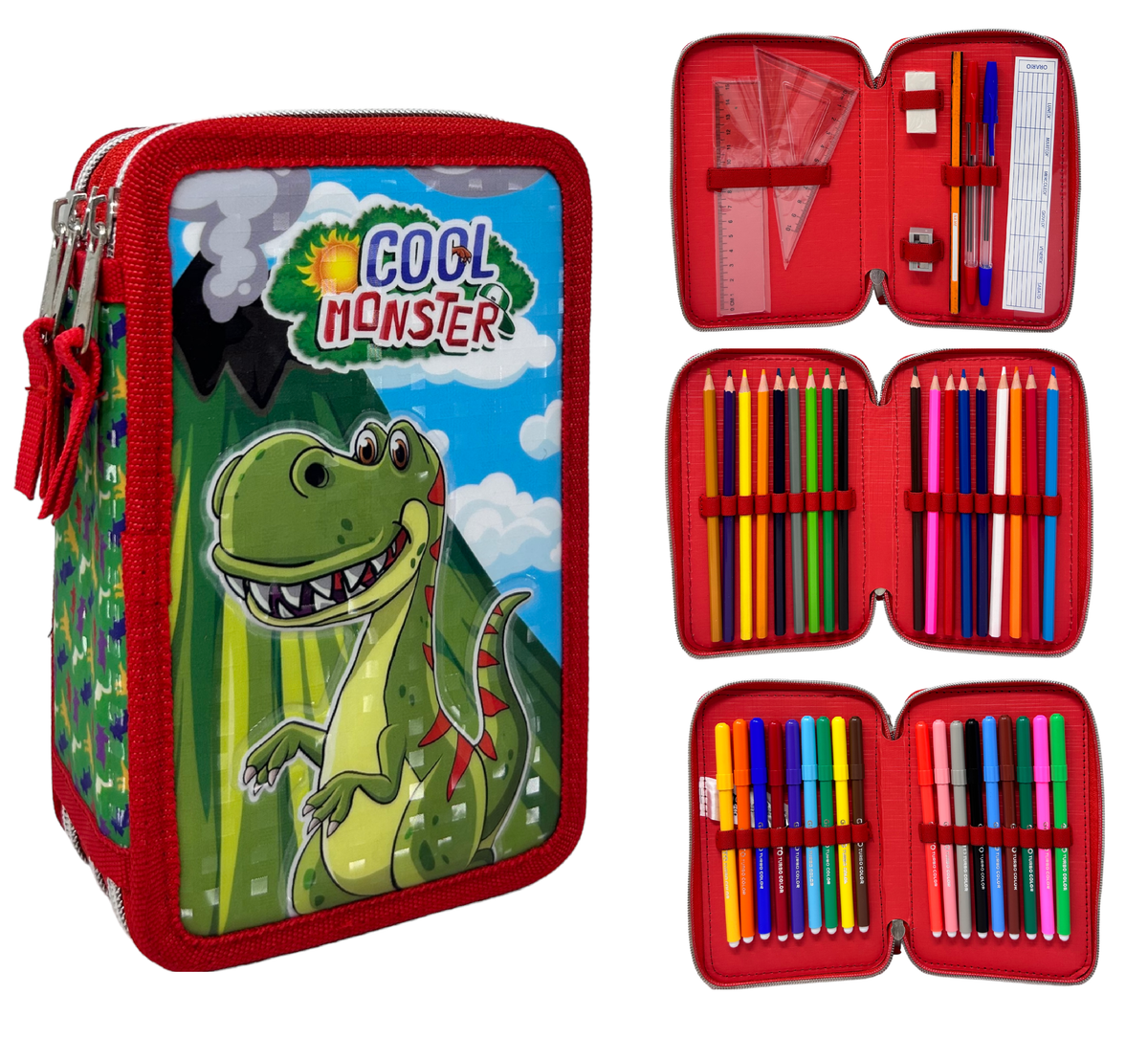Astuccio Scuola 3d Dinosauri Cool Monster Multiscomparto 3 Zip Portacolori Pennarelli Giotto - Din0972