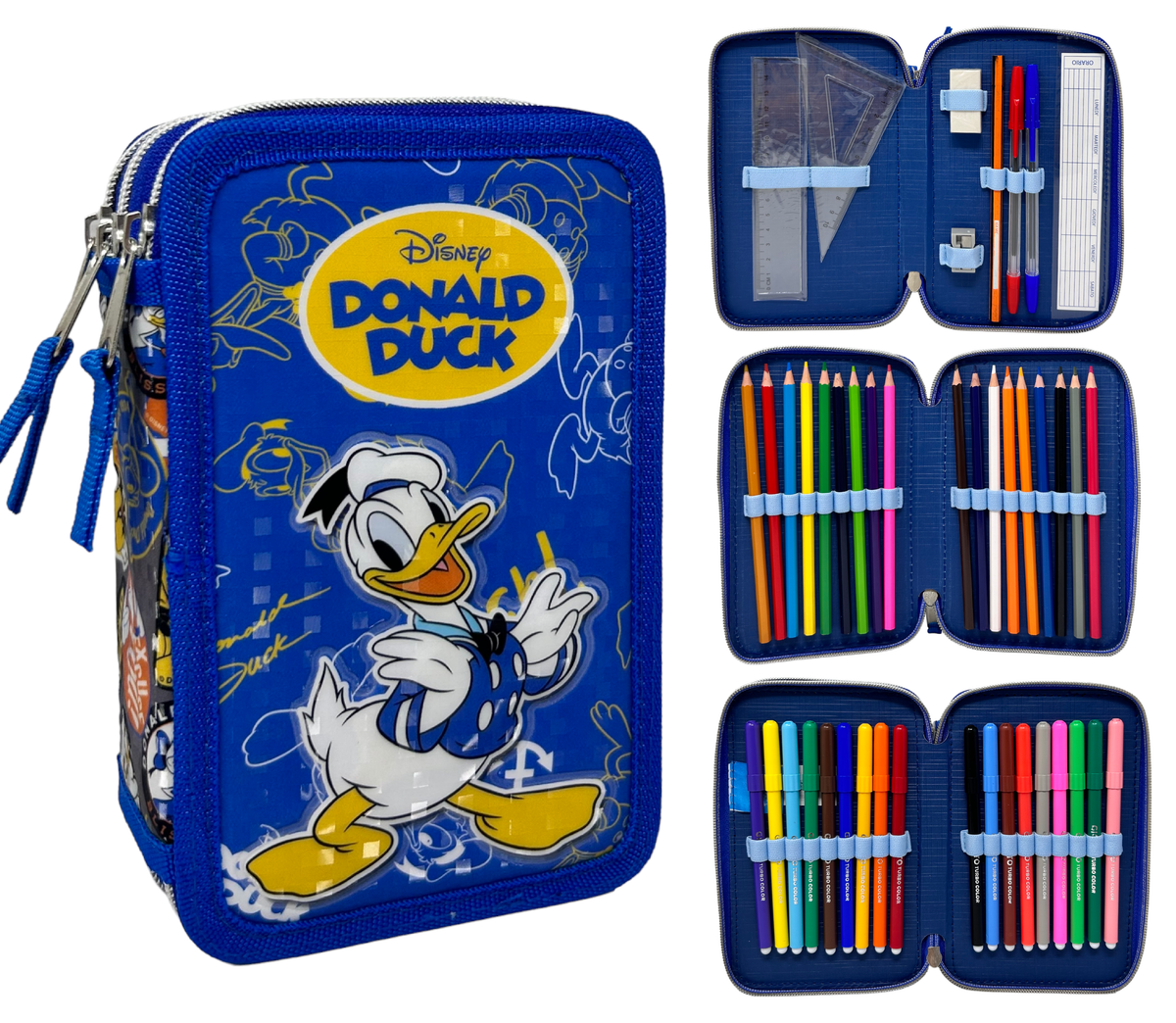 Astuccio Scuola 3d Paperino Donald DISNEY Multiscomparto 3 Zip Portacolori Pennarelli Giotto - Dd0972