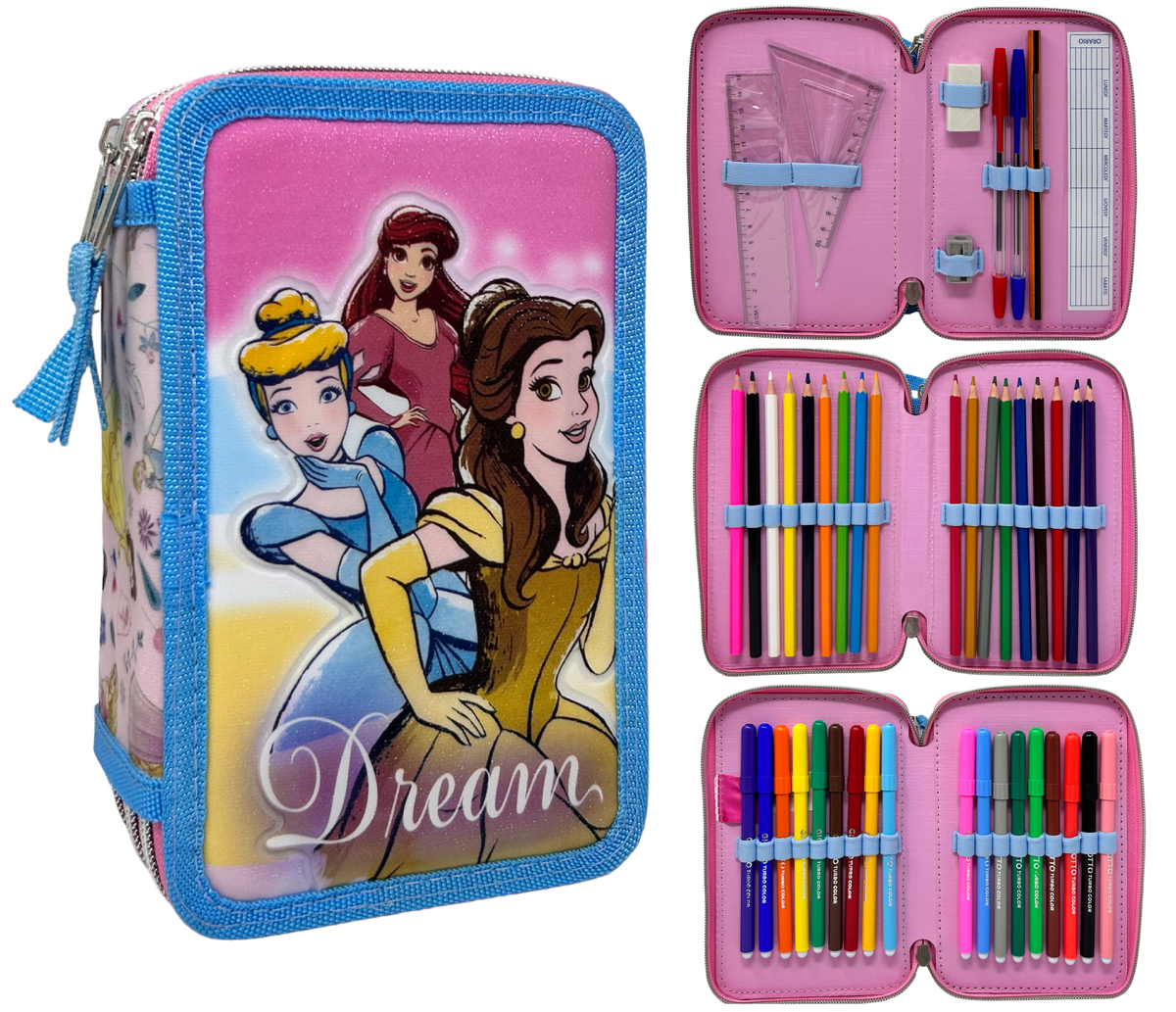 Astuccio Scuola 3d Principesse DISNEY Multiscomparto 3 Zip Portacolori Pennarelli Giotto - Pr0972