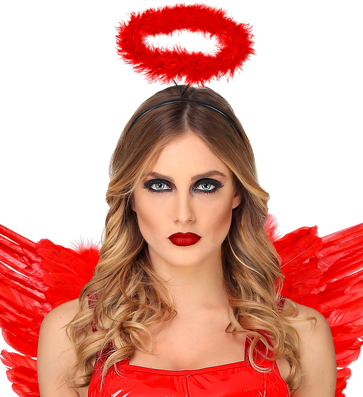 Cerchietto con Aureola in Marabou Rosso Accessori per Abito Vestito Travestimento Carnevale Halloween - 86390