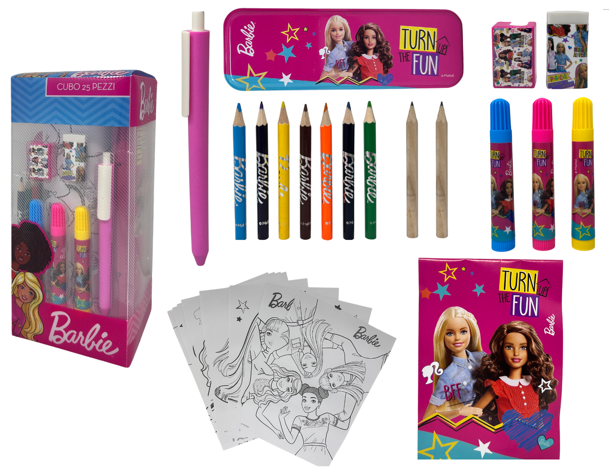 Cubo Cancelleria Barbie Confezione 25 Pezzi Kit per Disegnare e Colorare - Br0583
