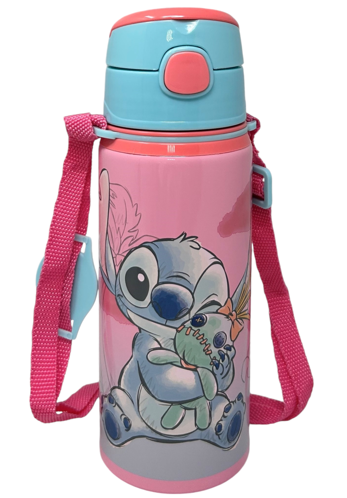 Borraccia in Alluminio con Cannuccia Stitch DISNEY 600 Ml Apertura Automatica con Tracolla- St00055