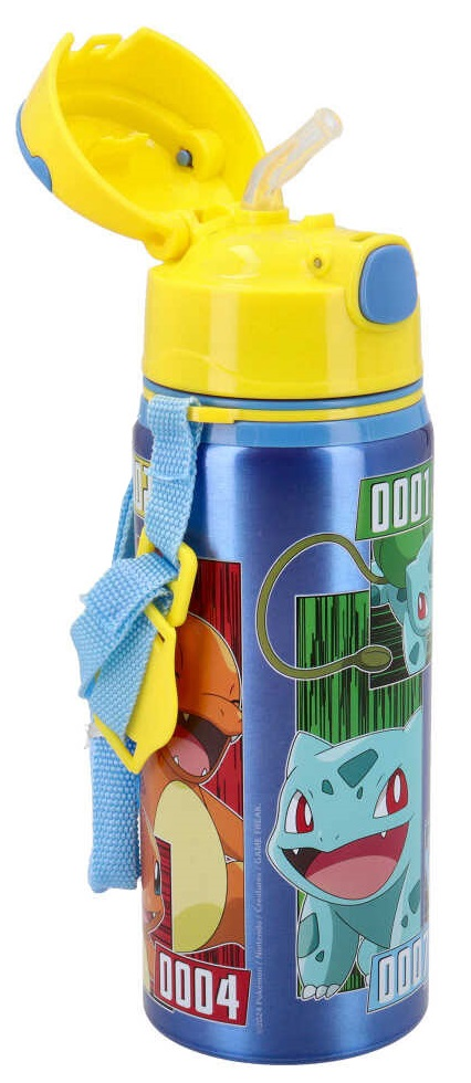 Borraccia in Alluminio con Cannuccia Pikachu Pokémon 600 Ml Apertura Automatica con Tracolla- Pk00033