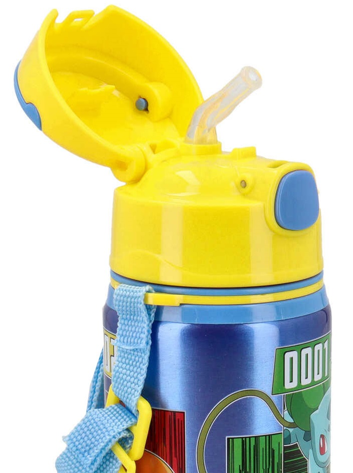 Borraccia in Alluminio con Cannuccia Pikachu Pokémon 600 Ml Apertura Automatica con Tracolla- Pk00033