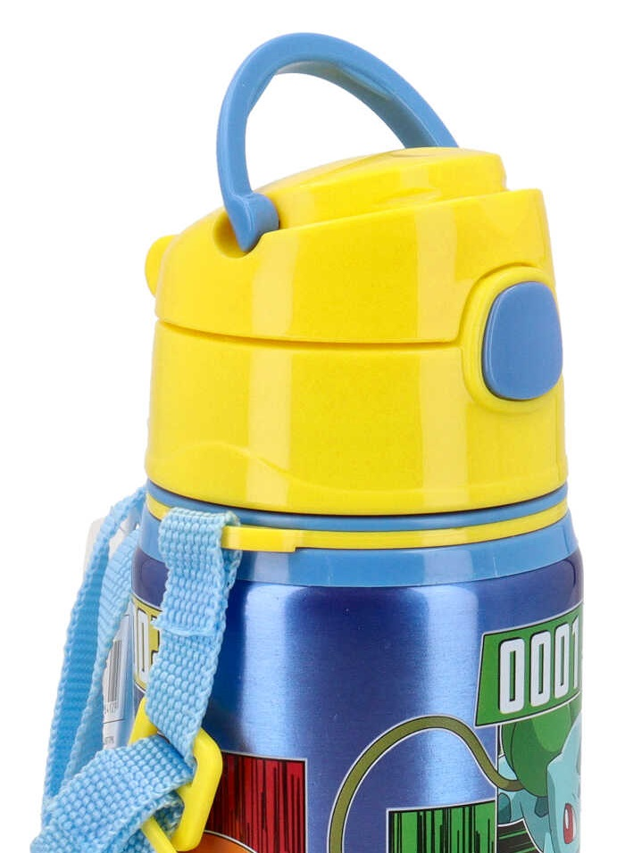 Borraccia in Alluminio con Cannuccia Pikachu Pokémon 600 Ml Apertura Automatica con Tracolla- Pk00033