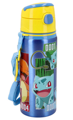 Borraccia in Alluminio con Cannuccia Pikachu Pokémon 600 Ml Apertura Automatica con Tracolla- Pk00033