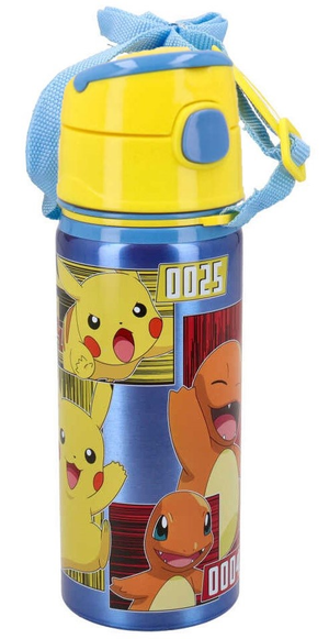 Borraccia in Alluminio con Cannuccia Pikachu Pokémon 600 Ml Apertura Automatica con Tracolla- Pk00033