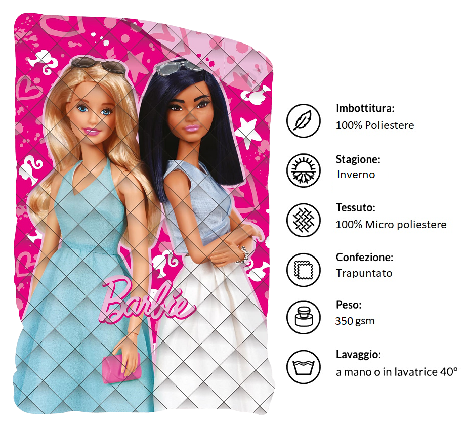 Trapunta Double Face Barbie Coperta Piumone Invernale 350 Gsm Letto Singolo 170x260 CM - Bar1495