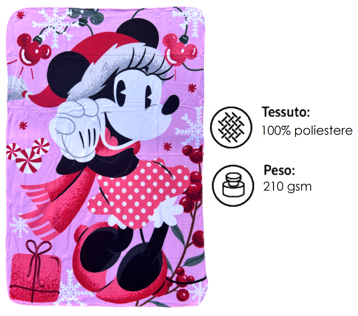 Plaid in Pile Minnie Mouse DISNEY Coperta Natale in Morbido Poliestere 100 X 150 CM 210 Gsm - Min-1438