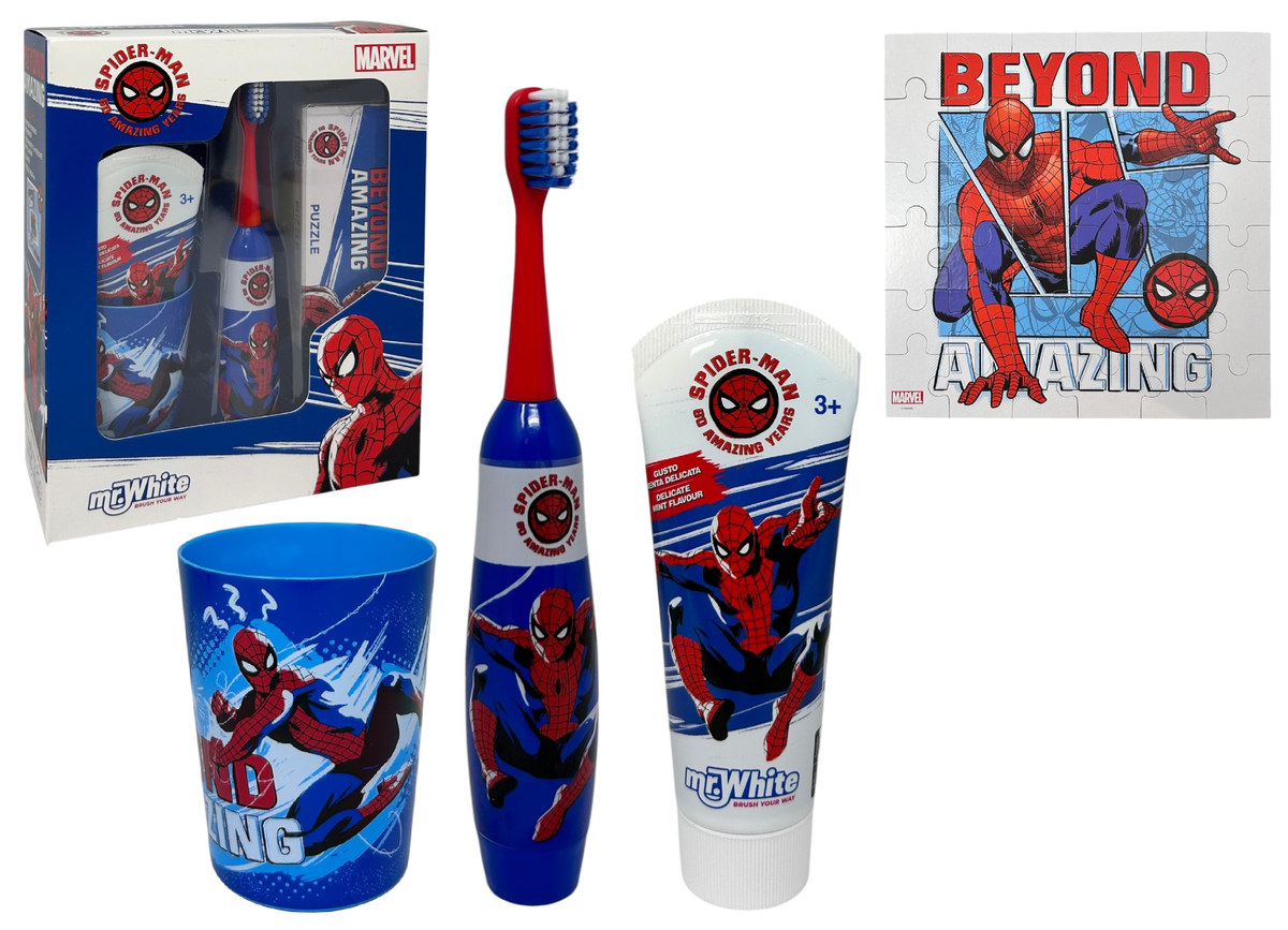 Set Accessori Cura Igiene Orale Spiderman MARVEL 4 Pezzi Spazzolino Elettrico per Bambini
