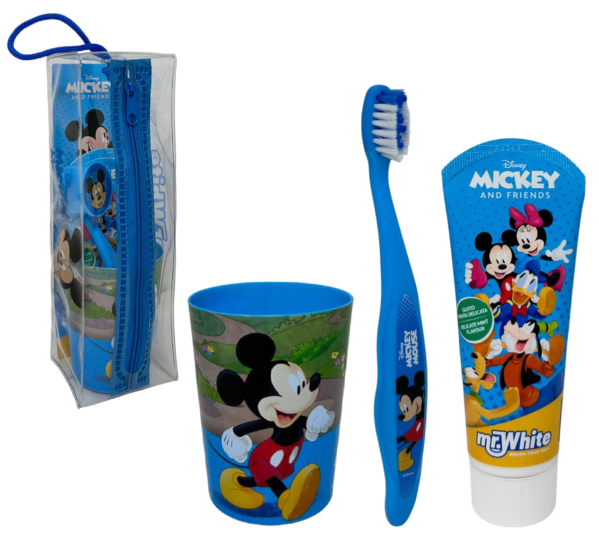 Set Accessori Cura Igiene Orale Topolino DISNEY 4 Pezzi con Pochette