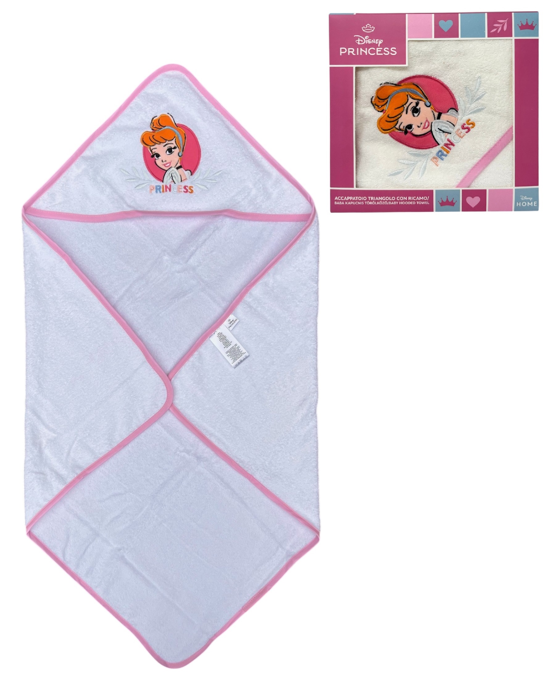 Accappatoio Triangolo Cenerentola Principesse DISNEY Neonata Bambina Asciugamano in Cotone - Pri1633rosa