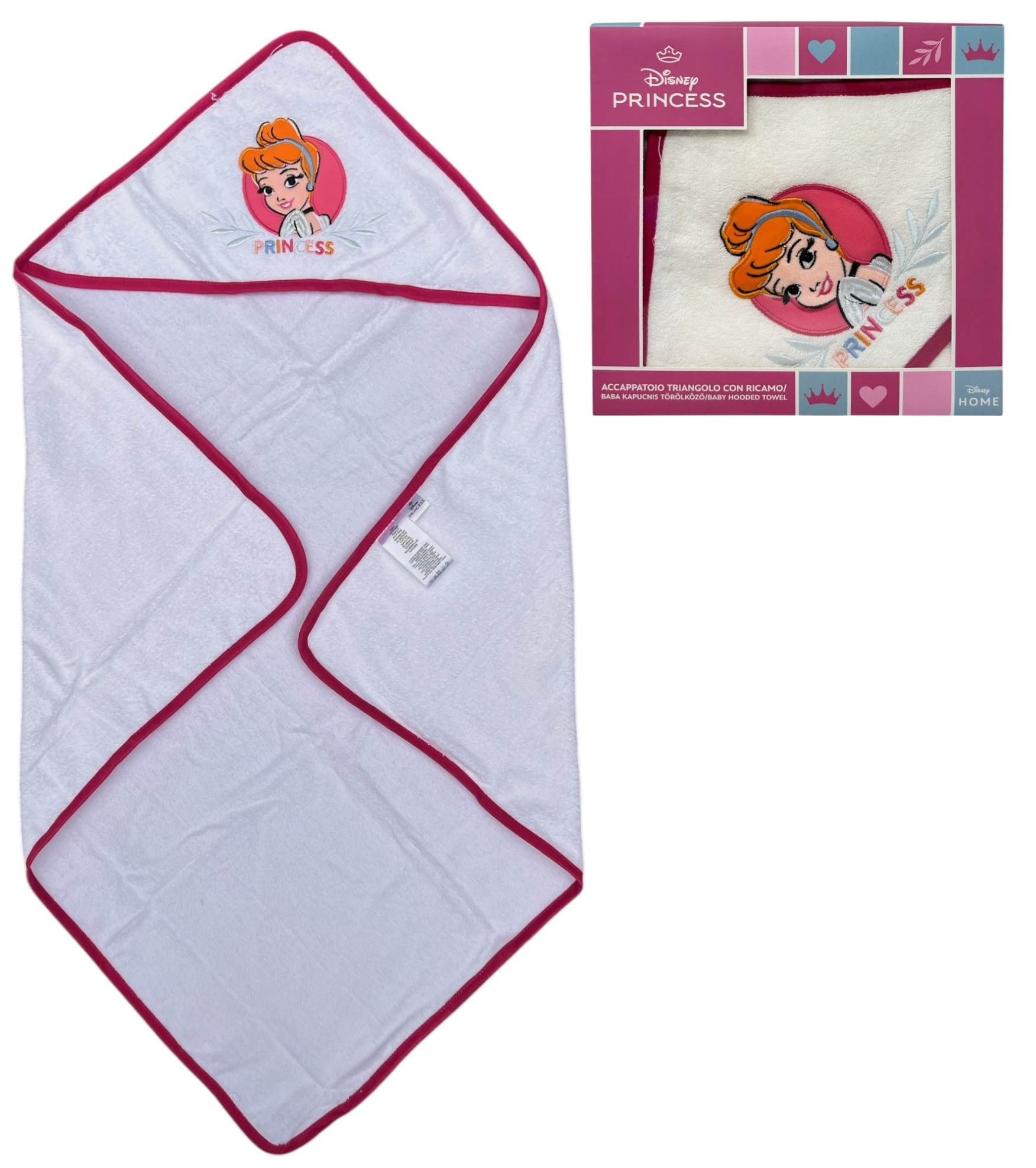Accappatoio Triangolo Cenerentola Principesse DISNEY Neonata Bambina Asciugamano in Cotone - Pri1633rosascuro