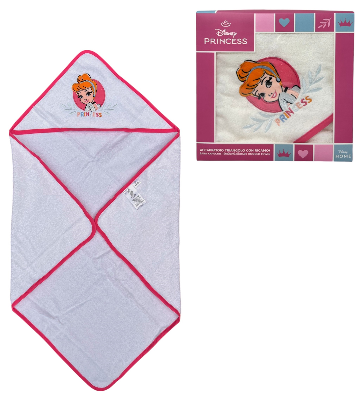 Accappatoio Triangolo Cenerentola Principesse DISNEY Neonata Bambina Asciugamano in Cotone - Pri1633fucsia