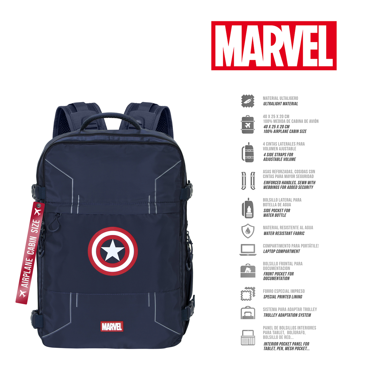 Zaino da Viaggio Capitan America MARVEL 40 CM Bagaglio a Mano da Cabina Adattabile a Trolley - 07951