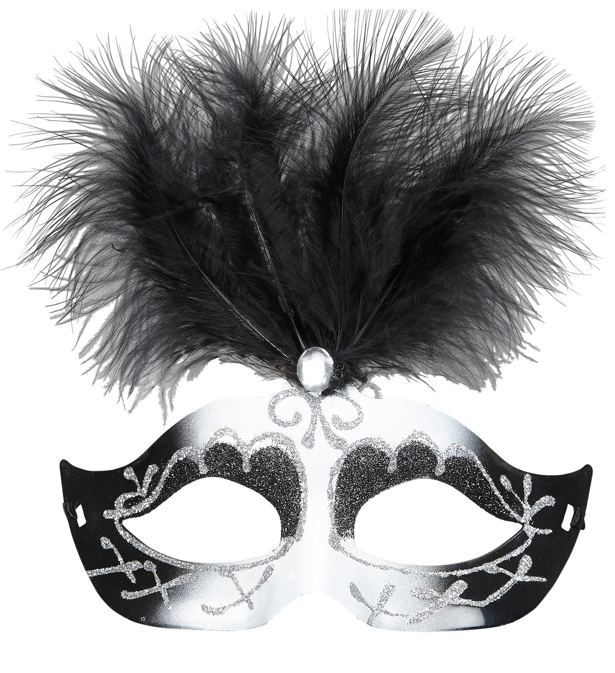 Maschera Veneziana Nera e Bianca con Gemma e Piuma Accessori Travestimento Costumi Carnevale - 03653