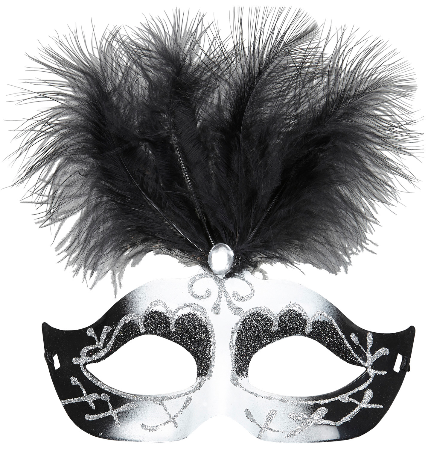 Maschera Veneziana Nera e Bianca con Gemma e Piuma Accessori Travestimento Costumi Carnevale - 03653