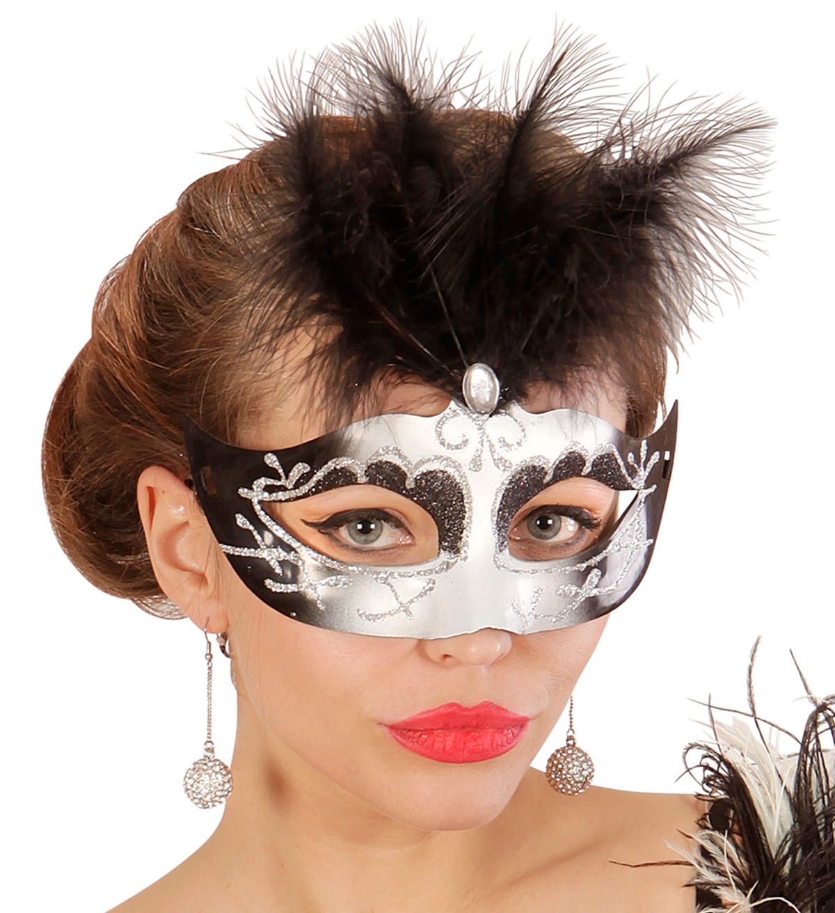 Maschera Veneziana Nera e Bianca con Gemma e Piuma Accessori Travestimento Costumi Carnevale - 03653