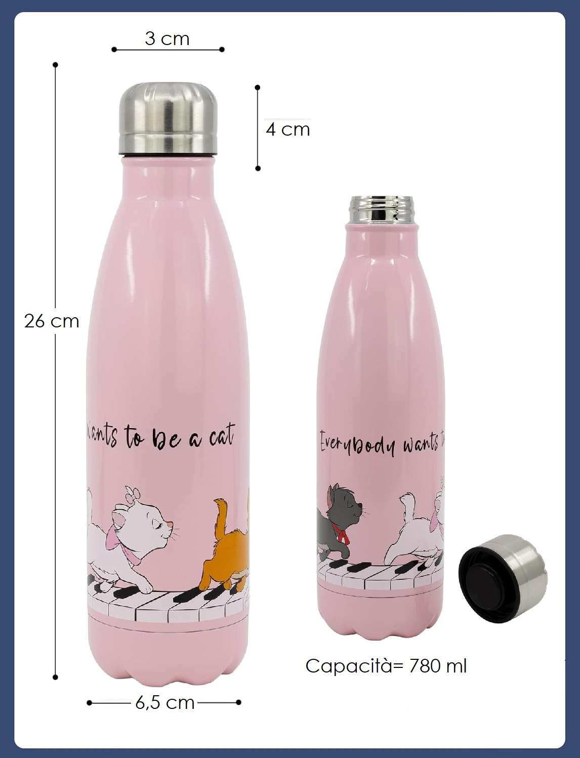 Borraccia Marie Aristogatti in Acciaio Inox DISNEY Bottiglia con Tappo a Vite 780 Ml. - 17071